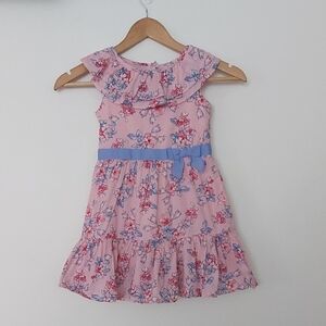 Janie & Jack Pink Floral And Swiss Dot Dress With Ruffles And Blue Ribbon Waist